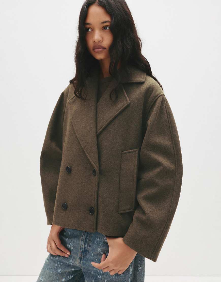 Pull & Bear - Kurzmantel in Maulwurfbraun mit Filzstruktur-Brown von Pull & Bear