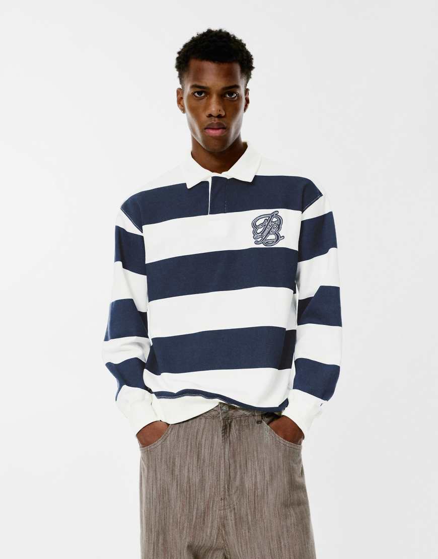 Pull & Bear - Langärmliges, gestreiftes Poloshirt in Marineblau von Pull & Bear