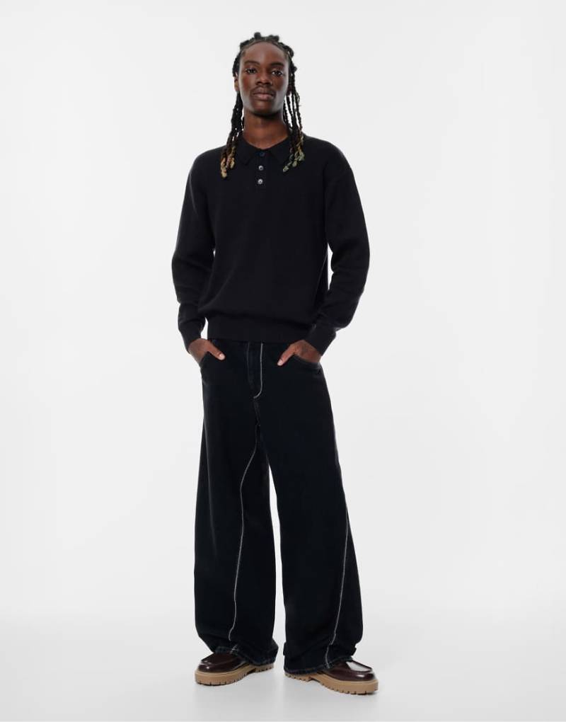 Pull & Bear - Langärmliges Polohemd in Schwarz von Pull & Bear