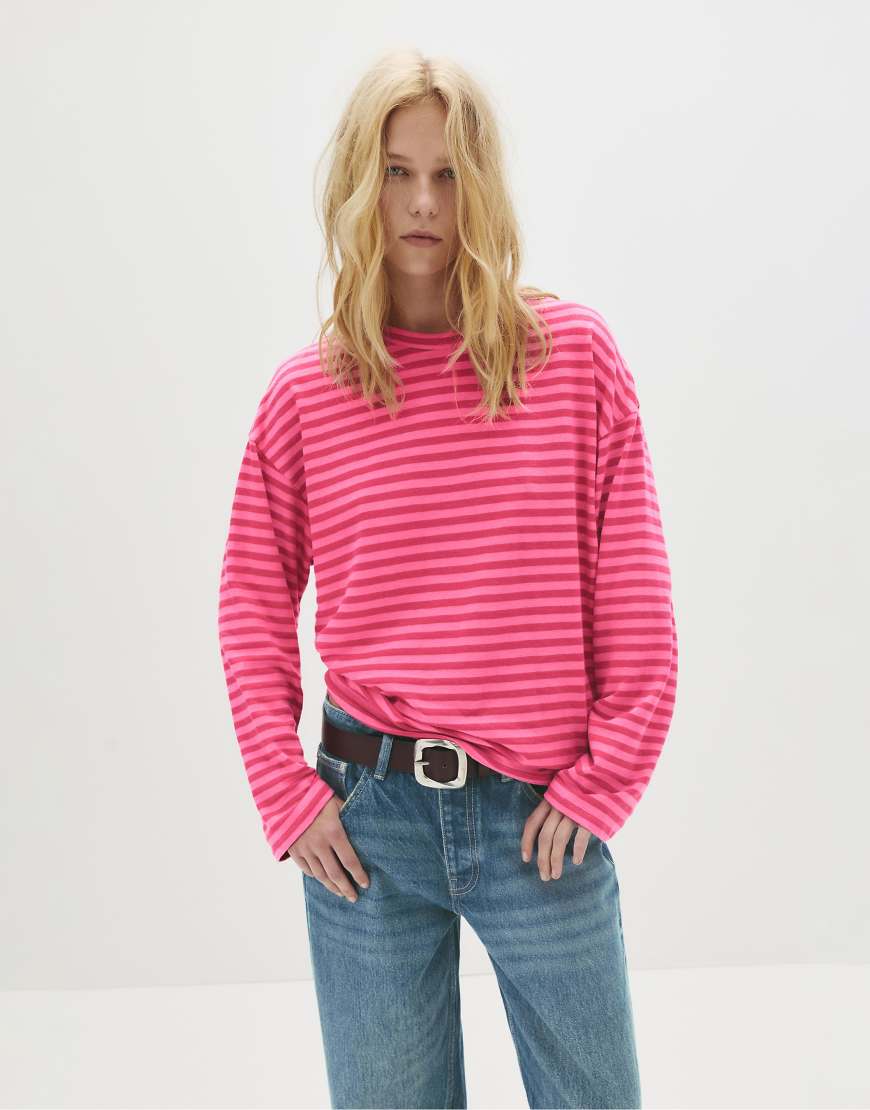 Pull & Bear - Langärmliges T-Shirt in rosa gestreift von Pull & Bear