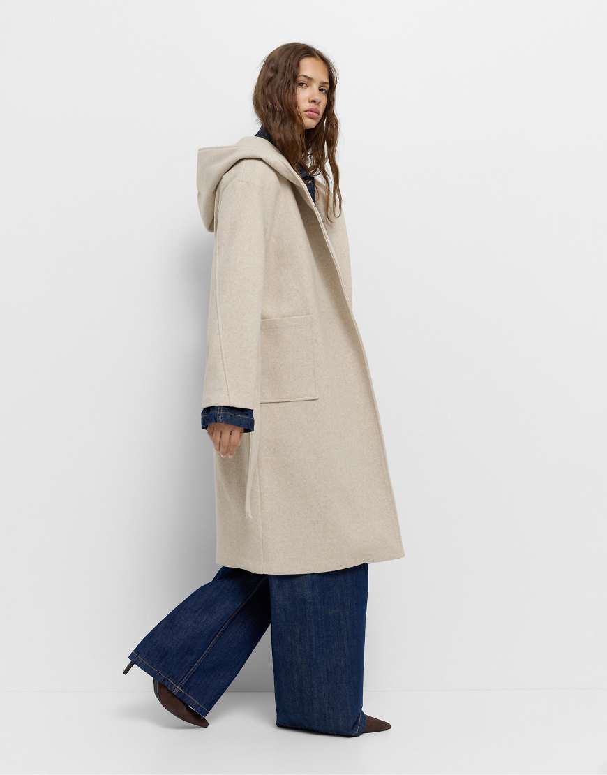 Pull & Bear - Mantel aus weichem Stoff in Sandbeige mit Kapuze-Neutral von Pull & Bear