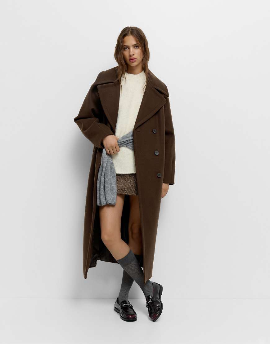Pull & Bear - Mantel in Schokobraun mit weicher Filzstruktur-Brown von Pull & Bear