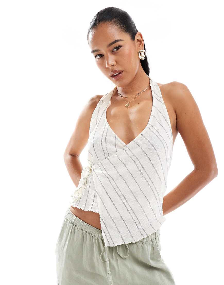 Pull & Bear - Neckholder-Top aus robustem Material in Ecru mit Streifen, Kombiteil-Weiß Pull & Bear - Neckholder-Top aus robustem Material in Ecru mit Streifen, Kombiteil-Weiß von Pull & Bear