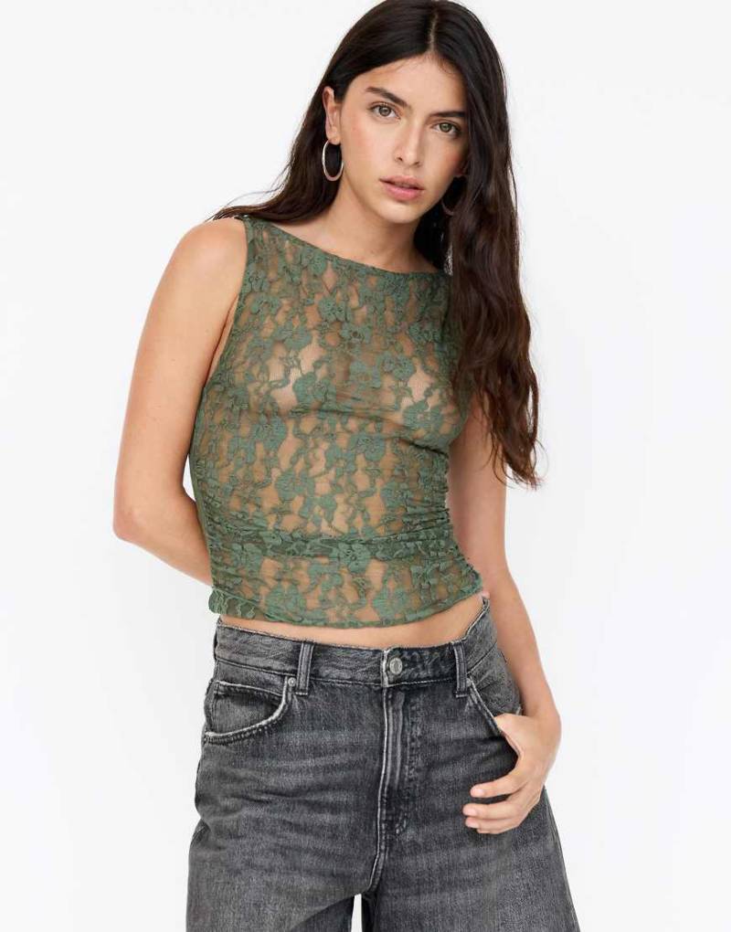 Pull & Bear - Oberteil aus Spitze in Khaki mit gerafften Seiten-Grün von Pull & Bear