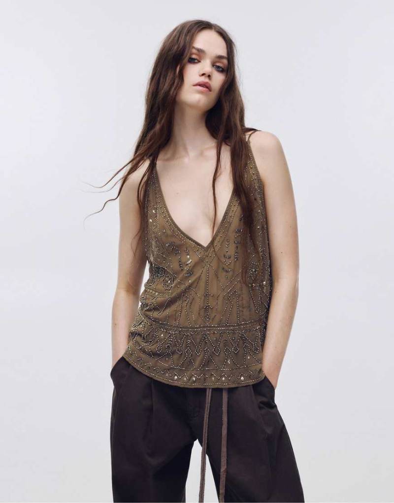 Pull & Bear - Oberteil in Braun mit Zierperlen und Riemchenträgern-Brown von Pull & Bear