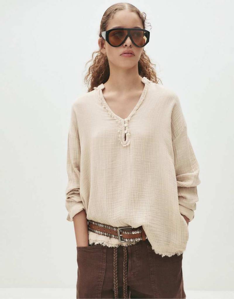 Pull & Bear - Oversize-Bluse in Sandbeige mit Stehkragen-Neutral von Pull & Bear