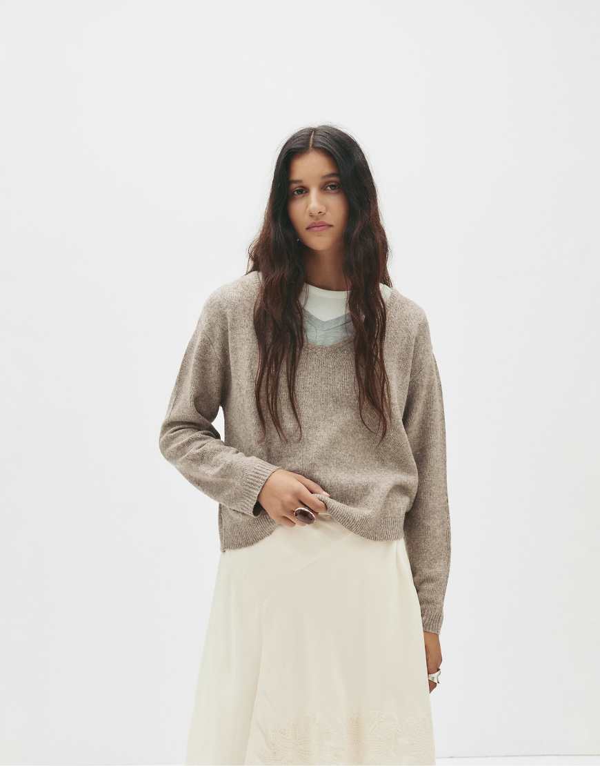 Pull & Bear - Oversize-Feinstrickpullover in meliertem Braun-Brown von Pull & Bear