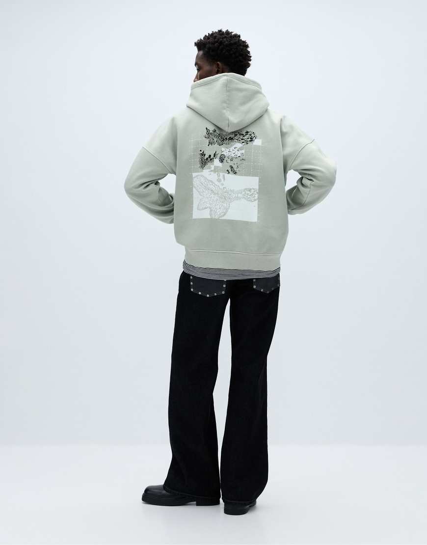 Pull & Bear - Oversize-Kapuzenpullover in Blaugrün mit Grafikprint von Pull & Bear