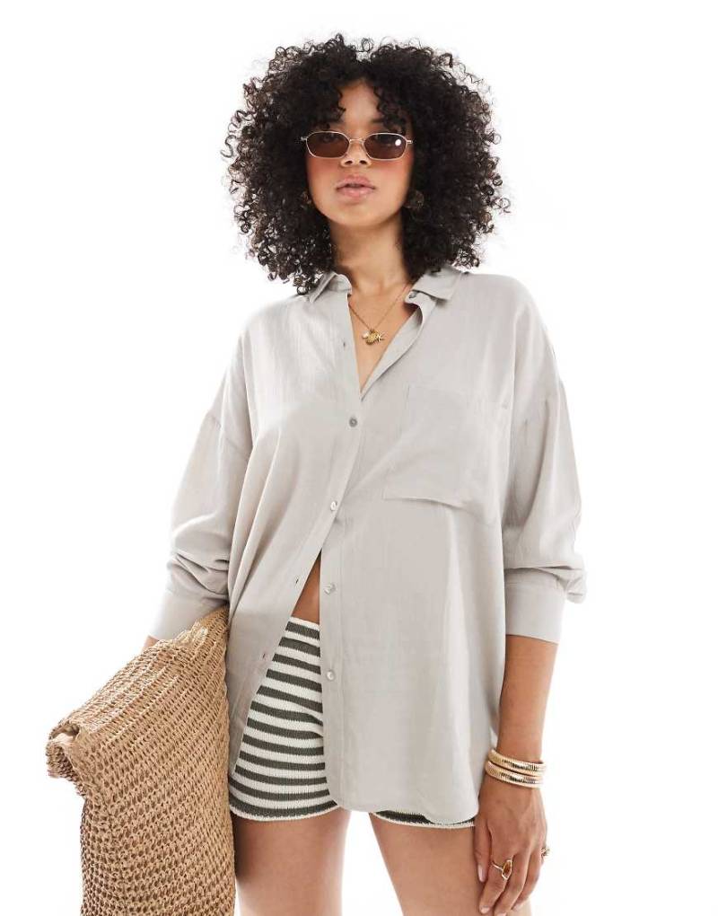 Pull & Bear - Oversized-Hemd in Leinenoptik in Beige-Neutral von Pull & Bear