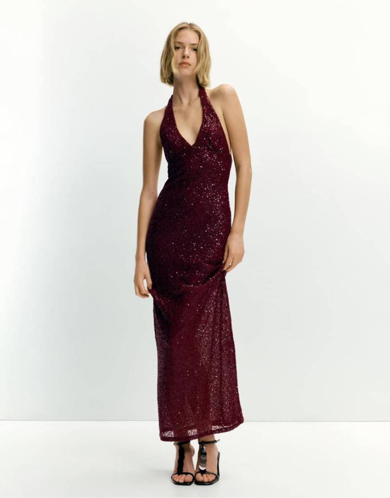 Pull & Bear - Pailletten-Midikleid in Kastanienbraun mit Neckholder-Rot von Pull & Bear