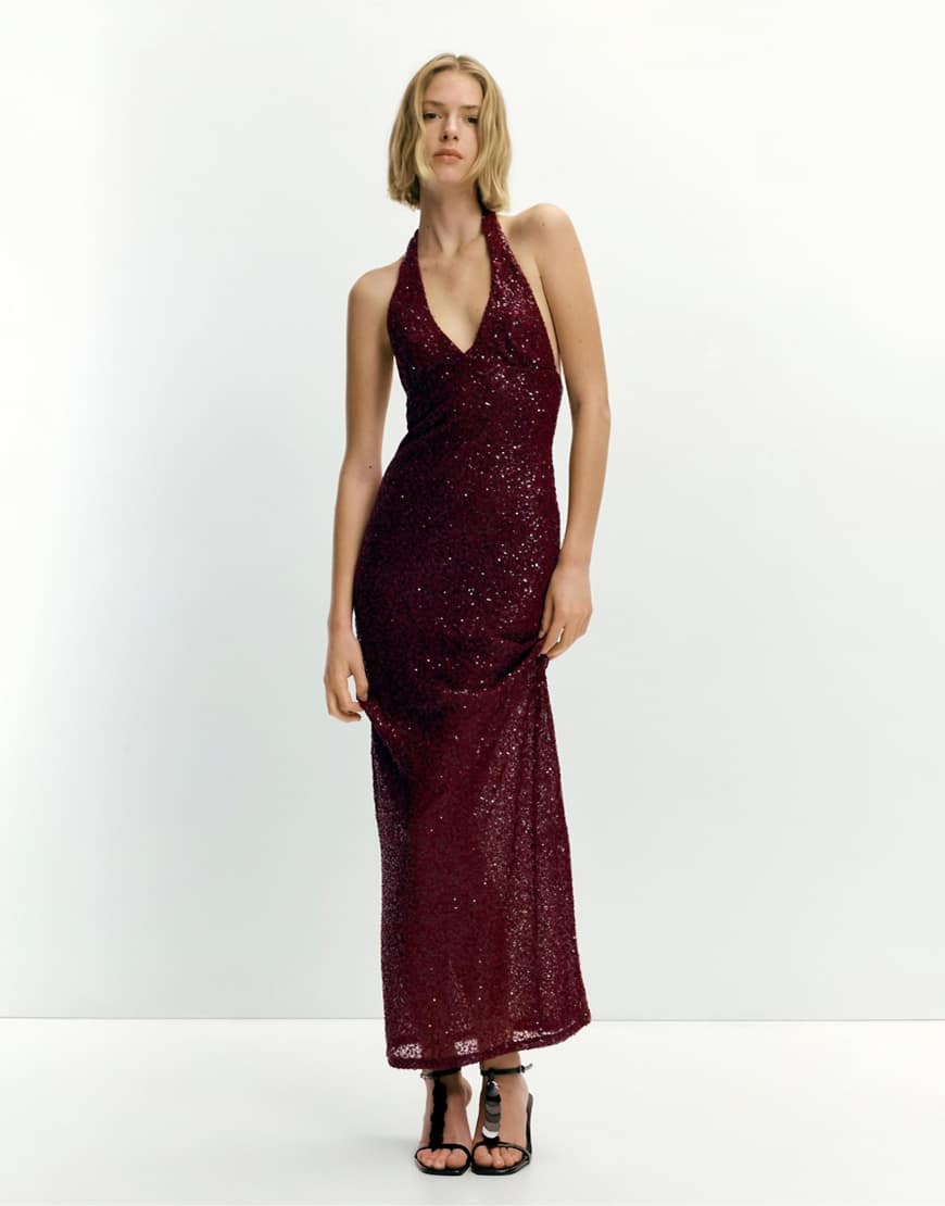 Pull & Bear - Pailletten-Midikleid in Kastanienbraun mit Neckholder-Rot von Pull & Bear