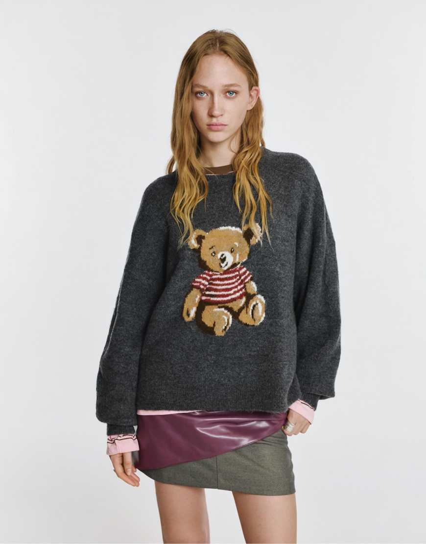 Pull & Bear - Pullover in Grau mit Bären-Motiv von Pull & Bear