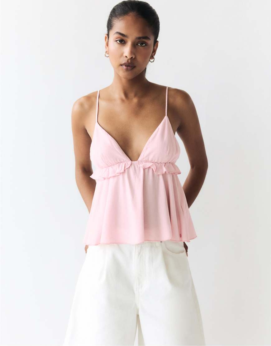 Pull & Bear - Riemchen-Top in Rosa mit Rüschen von Pull & Bear