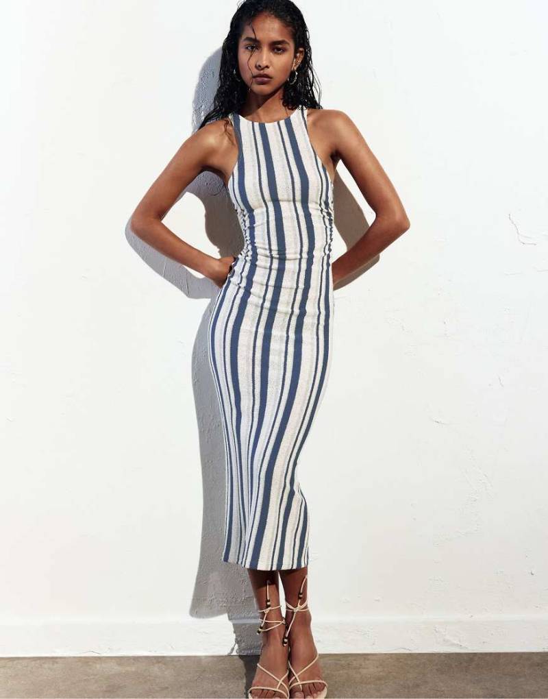 Pull & Bear - Rustikales Midikleid in Blau mit Streifen von Pull & Bear