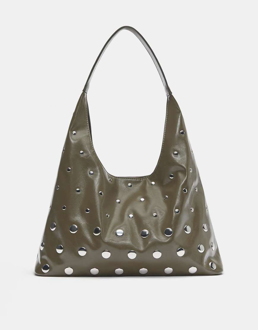 Pull & Bear - Schultertasche in Khaki mit Nietenbesatz-Grün von Pull & Bear