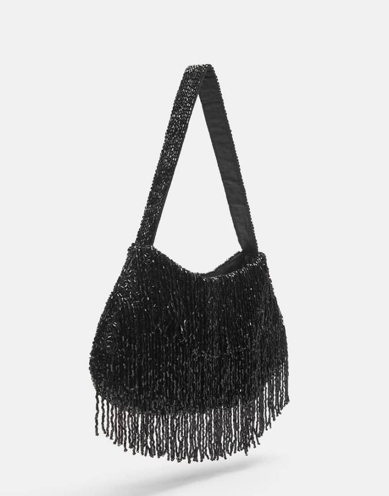 Pull & Bear - Schultertasche in Schwarz mit Fransen und Perlen von Pull & Bear