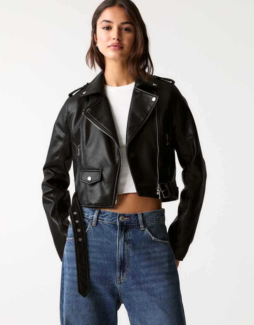 Pull & Bear - Schwarze Bikerjacke aus Lederimitat von Pull & Bear