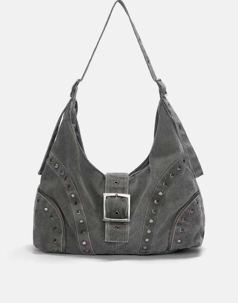 Pull & Bear - Shopper-Tasche aus Canvas in Grau mit Nietenbesatz von Pull & Bear