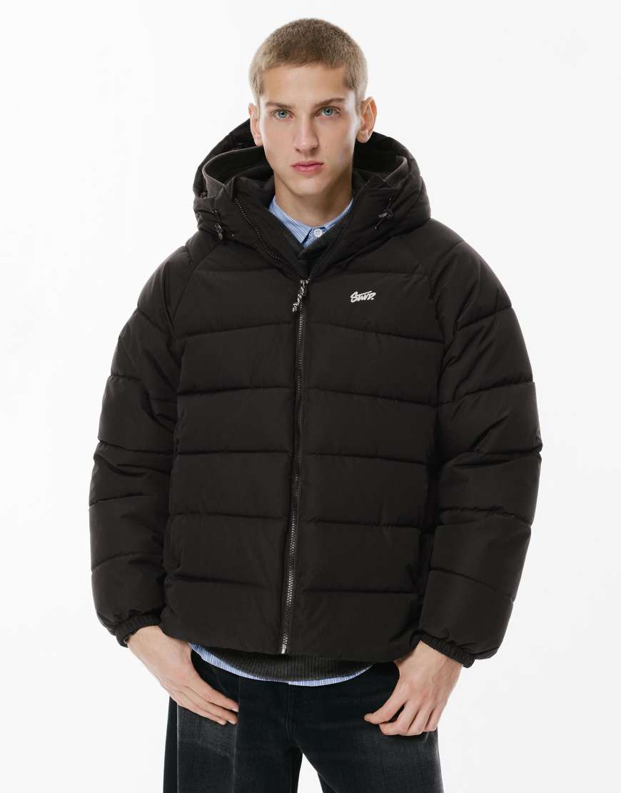Pull & Bear - Stwd - Pufferjacke in Schwarz mit Kapuze von Pull & Bear