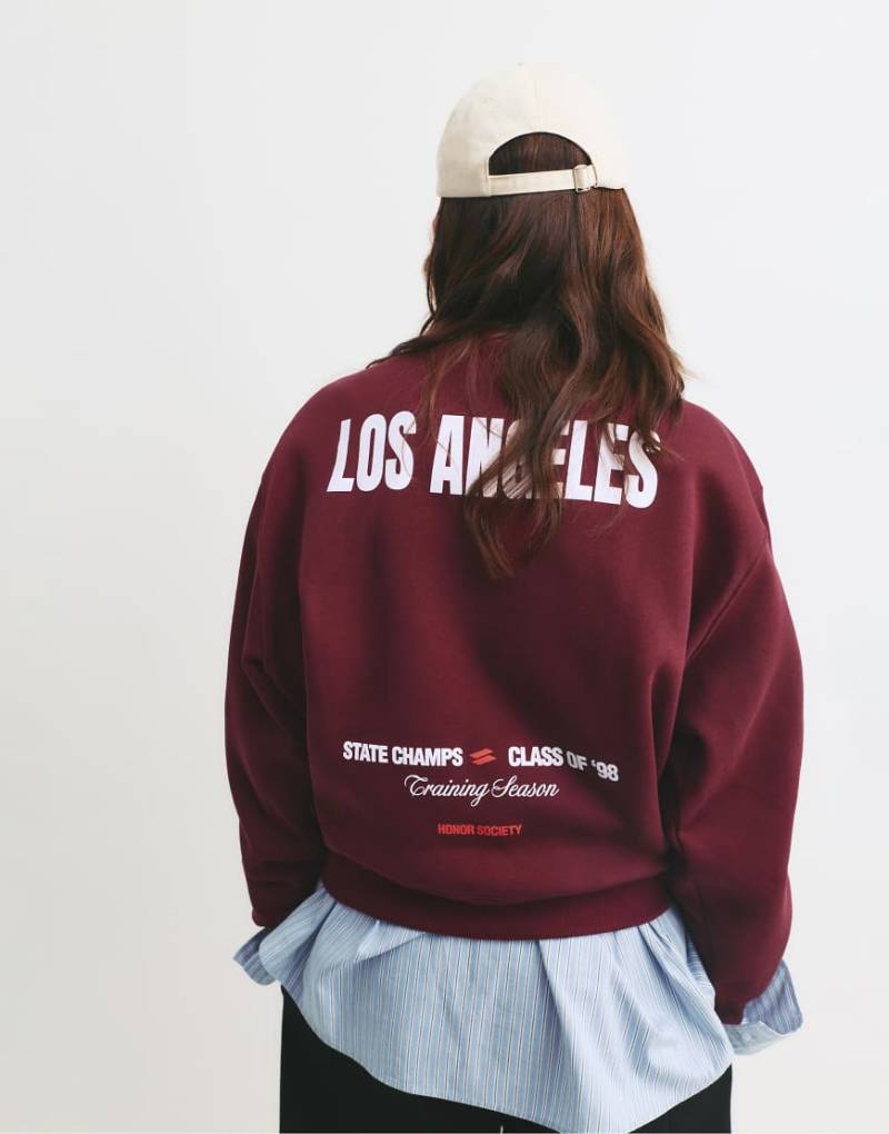 Pull & Bear - Sweatshirt in Kastanienbraun mit Los-Angeles-Grafikprint-Rot von Pull & Bear