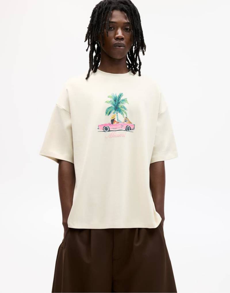 Pull & Bear - T-Shirt in Beige mit Miami-Tiger-Print-Neutral von Pull & Bear
