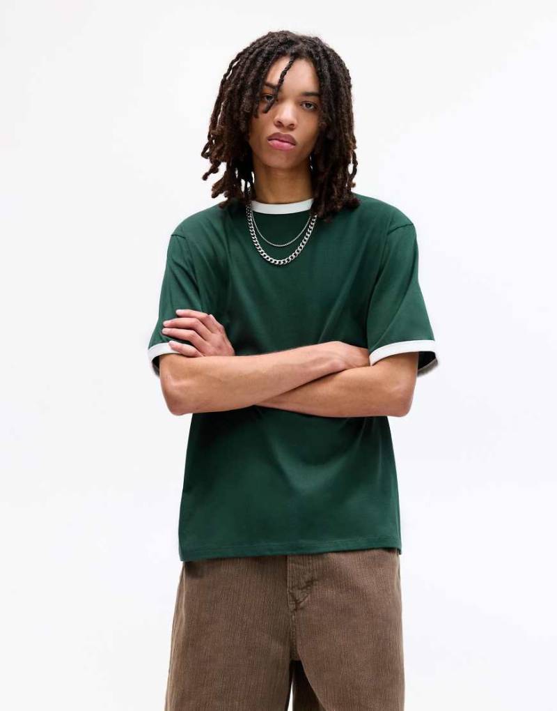 Pull & Bear - T-Shirt in Grün mit gerippten Rändern von Pull & Bear