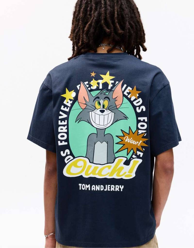 Pull & Bear - T-Shirt in Marineblau mit „Tom and Jerry"-Print von Pull & Bear