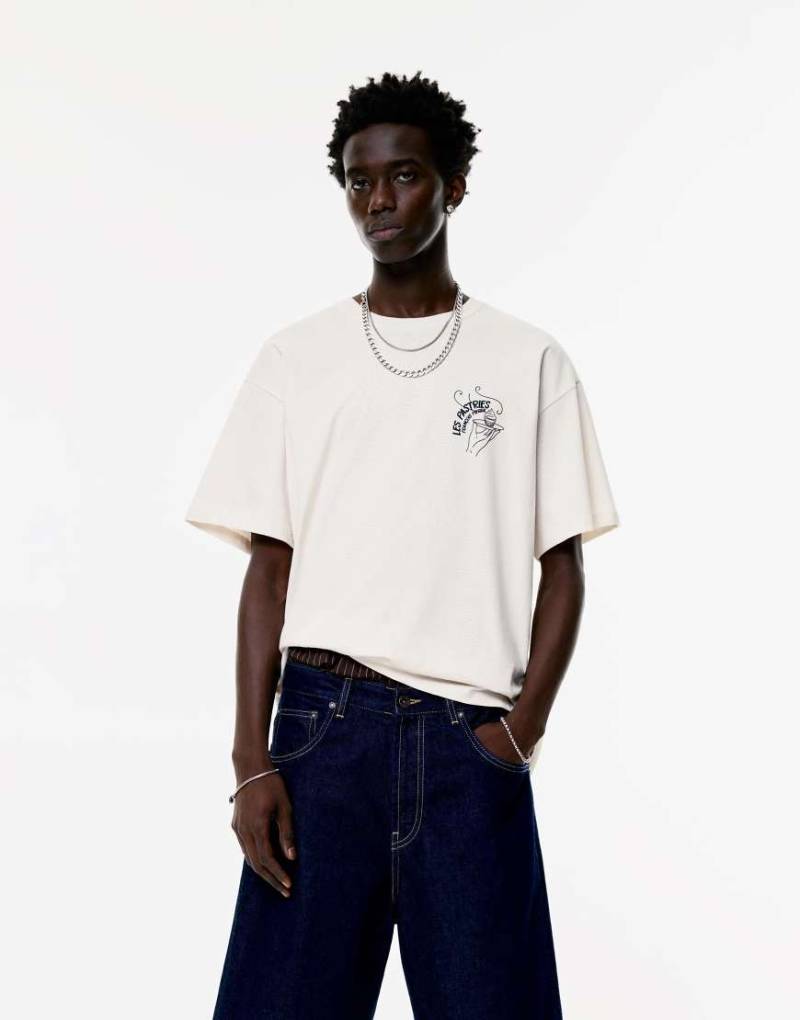 Pull & Bear - T-Shirt in Sand mit „Paris"-Print-Neutral von Pull & Bear