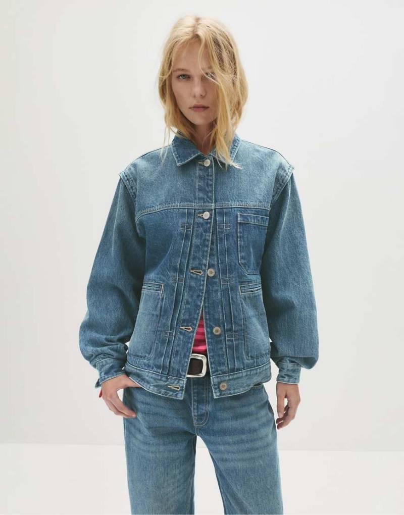 Pull & Bear - Trucker-Jeansjacke in Mittelblau mit Webkante von Pull & Bear