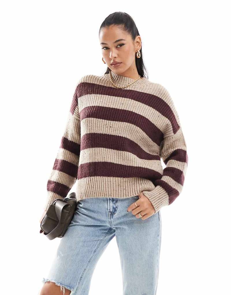 Pull & Bear marl effect - Gestreifter Strickpullover in Burgunderrot und Sand mit meliertem Effekt von Pull & Bear