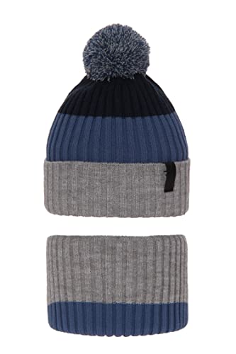 Pullmer Jungen Winter Mütze & Loop Schal Set, Kinder Jungen-Set 2-teilig, gestreifte Pompon-Mütze in Rippoptik und Loop-Schal, in 2 Größen erhältlich, Futter Fleece (Grau/Blau, 4-16 Jahre) von Pullmer