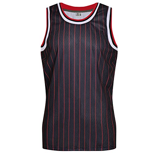 Pullonsy Herren Blank Basketball Trikots Mesh Athletic Sport Shirts Plain Performance Team Uniformen, Schwarz mit roten Nadelstreifen, L von Pullonsy