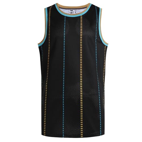 Pullonsy Herren Blank Basketball Trikots Mesh Athletic Sports Shirts Plain Performance Team Uniformen, Gold/Aqua Stripe-Black Jersey, L von Pullonsy