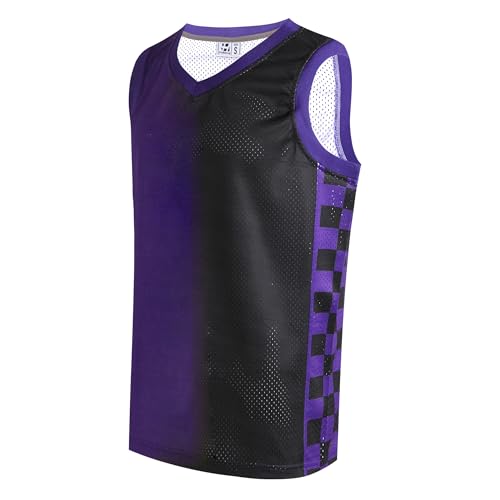 Pullonsy Herren Mesh Athletic Basketball Jersey V-Ausschnitt Hip Hop Sport Shirts Fans Tank Top, Schwarz-lila Farbverlaufs-Trikot, L von Pullonsy
