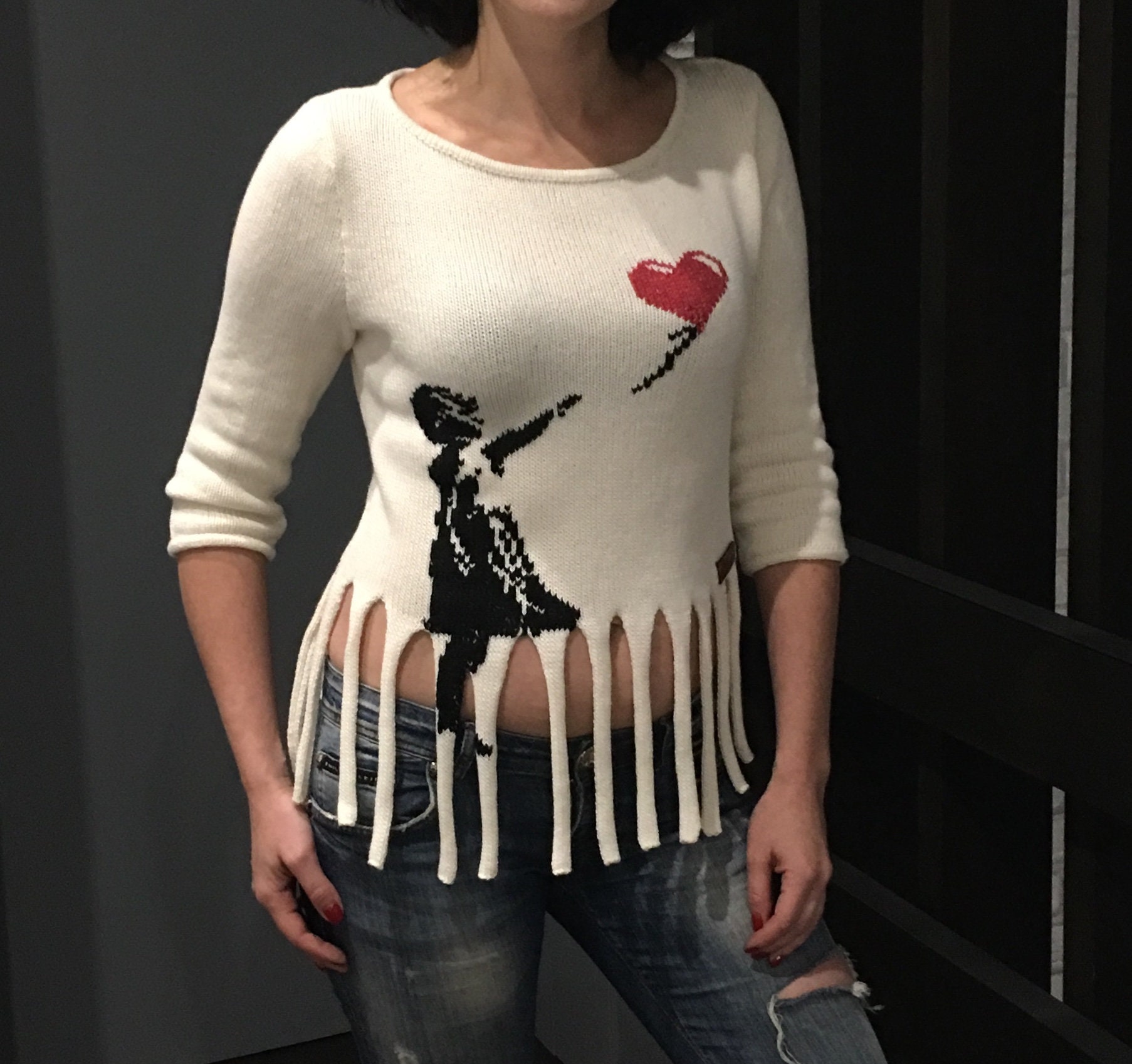 Mädchen Mit Ballon Shredder Malerei Custom Pullover, Hand Gestrickter Replik Pullover Mädchen Mit Ballon Shredder Malerei Custom Pullover, Hand Gestrickter Replik Pullover von PulloverBoutique