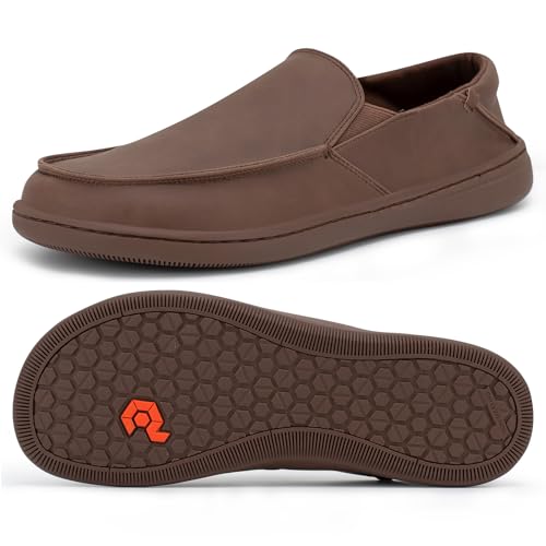 Pulltop Herren Barfußschuhe mit breiter Zehenpartie – Zero Drop Leder Slip On Kleid Schuhe rutschfeste Wanderschuhe für Herren, Wt04 | Dk.brown, 9 Wide von Pulltop