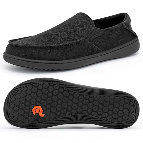 Pulltop Herren Barfußschuhe mit breiter Zehenpartie – Zero Drop Leder Slip On Kleid Schuhe rutschfeste Wanderschuhe für Herren, Wt04 | Schwarz, 47 EU von Pulltop