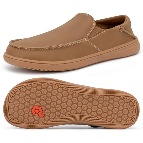 Pulltop Herren Barfußschuhe mit breiter Zehenpartie – Zero Drop Leder Slip On Kleid Schuhe rutschfeste Wanderschuhe für Herren, Wt04 | Tobacco, 46 EU von Pulltop