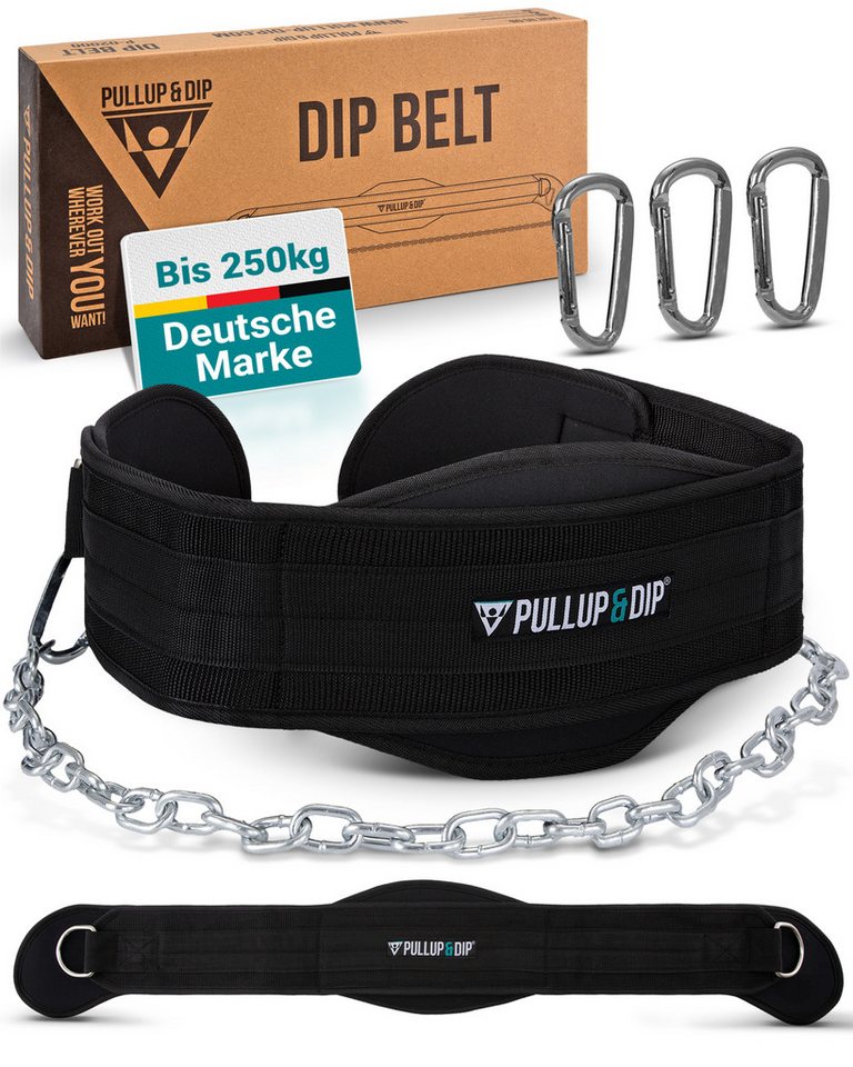 Pullup & Dip Dip-Gürtel Dip Gürtel mit Kette, 3 Karabinern und einzigartigen Klappen von Pullup & Dip