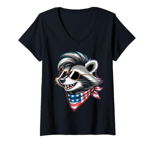Damen USA Waschbär T-Shirt mit V-Ausschnitt von PulseRide Apparel