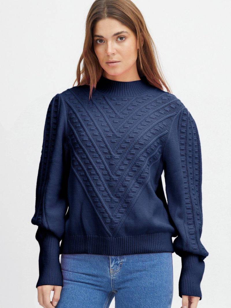 PULZ Jeans Strickpullover Damen Baumwolle Rundhals gemustert, blau von Pulz Jeans