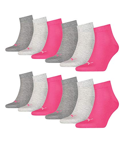 PUMA 12 Paar Unisex Quarter Socken Sneaker Gr. 35-49 für Damen Herren Füßlinge, Farbe:656 - middle grey mélange/pink, Socken & Strümpfe:39-42 von PUMA