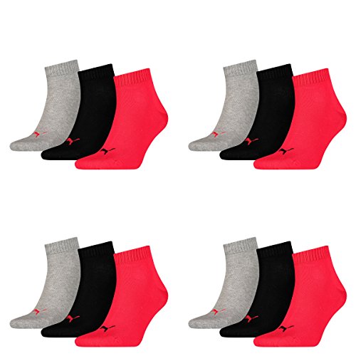 PUMA 12 Paar Unisex Quarter Socken Sneaker Gr. 35-49 für Damen Herren Füßlinge, Farbe:232 - black/red, Socken & Strümpfe:39-42 von PUMA