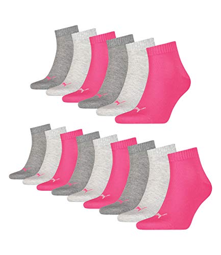 PUMA 15 Paar Unisex Quarter Socken Sneaker Gr. 35-49 für Damen Herren Füßlinge, Farbe:656 - middle grey mélange/pink, Socken & Strümpfe:39-42 von PUMA