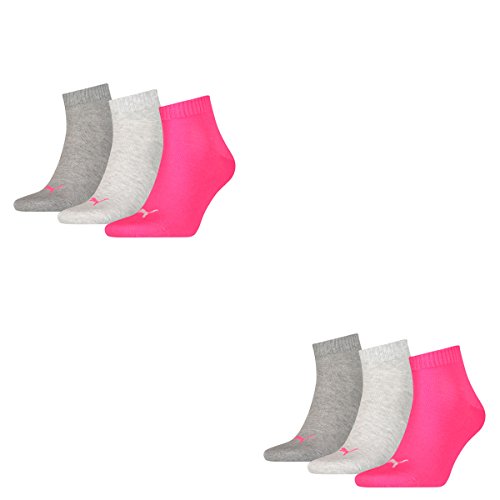 PUMA 6 Paar Unisex Quarter Socken Sneaker Gr. 35-49 für Damen Herren Füßlinge, Farbe:656 - middle grey mélange/pink, Socken & Strümpfe:39-42 von PUMA