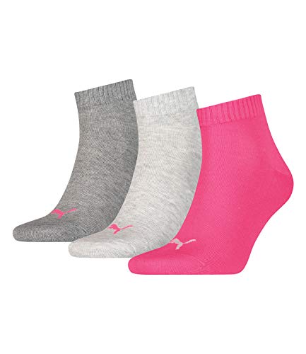 PUMA Unisex Plain 3p Quarter Socken, Middle Grey Melange / Pink, 39-42 EU von PUMA