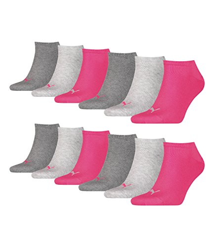 PUMA 12 Paar Sneaker Invisible Socken Gr. 35-49 Unisex für Damen Herren Füßlinge, Farbe:656 - middle grey mélange/pink, Socken & Strümpfe:35-38 von PUMA