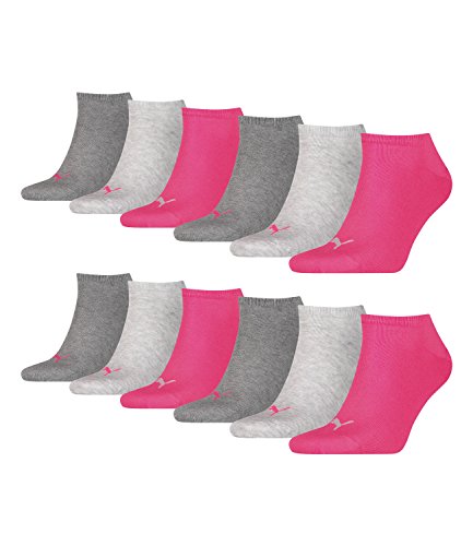 PUMA 12 Paar Sneaker Invisible Socken Gr. 35-49 Unisex für Damen Herren Füßlinge, Farbe:656 - middle grey mélange/pink, Socken & Strümpfe:39-42 von PUMA