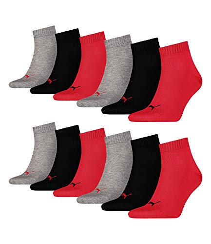 PUMA 12 Paar Unisex Quarter Socken Sneaker Gr. 35-49 für Damen Herren Füßlinge, Socken & Strümpfe:35-38, Farbe:232 - black/red von PUMA