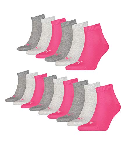 PUMA 15 Paar Unisex Quarter Socken Sneaker Gr. 35-49 für Damen Herren Füßlinge, Farbe:656 - middle grey mélange/pink, Socken & Strümpfe:35-38 von PUMA